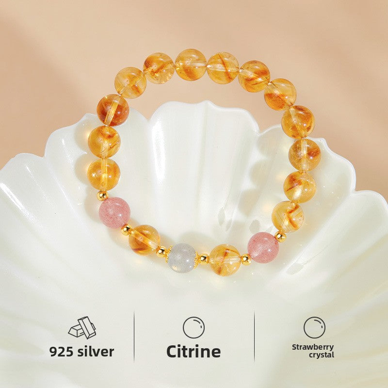 925 Sterling Silver Citrine & Strawberry Quartz Beaded Bracelet for Women | Boho Chic Gemstone Jewelry | Unique Gift for Her