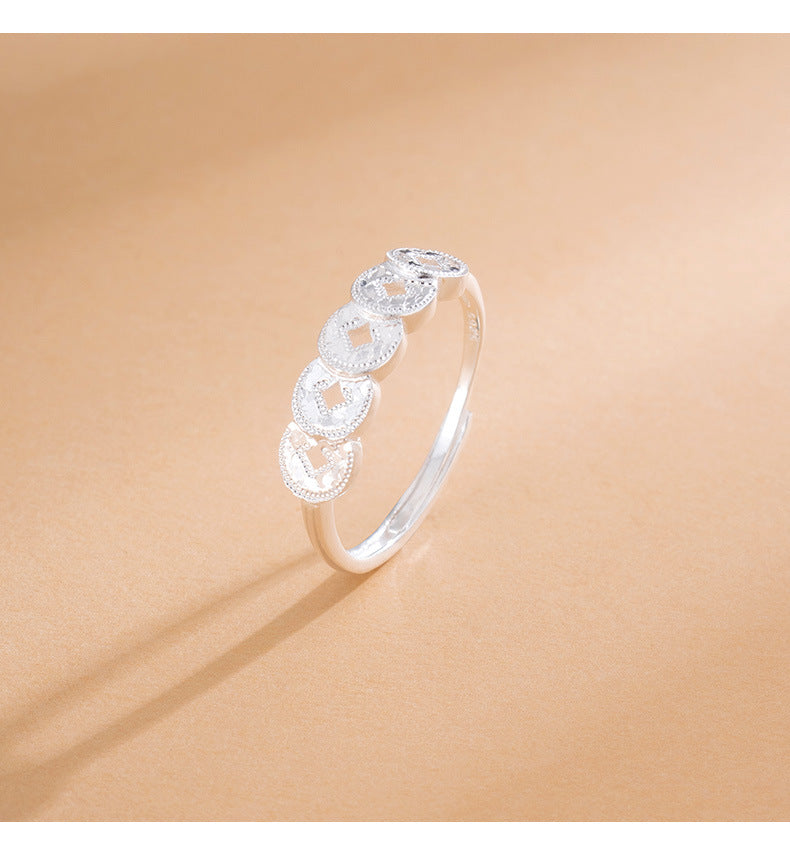 S925 Sterling Silver Ring Money Comes in Abundance Copper Coin Ring New Chinese Style National Trend Crushed Ice Five Emperor Coins Fashion CNC Ring