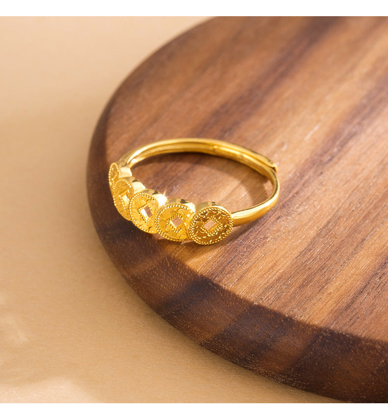 S925 Sterling Silver Ring Money Comes in Abundance Copper Coin Ring New Chinese Style National Trend Crushed Ice Five Emperor Coins Fashion CNC Ring