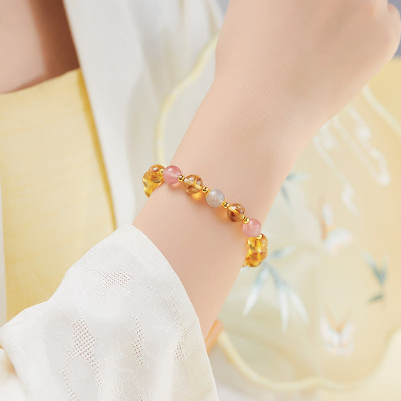 925 Sterling Silver Citrine & Strawberry Quartz Beaded Bracelet for Women | Boho Chic Gemstone Jewelry | Unique Gift for Her
