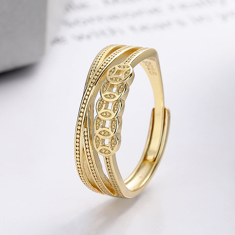 S925 Sterling Silver Ring Copper Coin Pattern Ring Vintage Oxidized Ethnic Style Multi-layer Wrapped