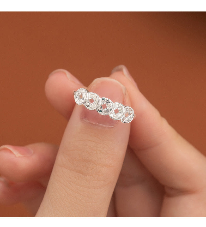 S925 Sterling Silver Ring Money Comes in Abundance Copper Coin Ring New Chinese Style National Trend Crushed Ice Five Emperor Coins Fashion CNC Ring