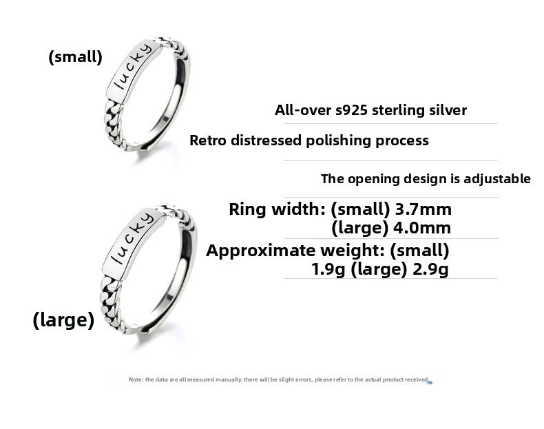 S925 Sterling Silver Ring Lucky Fashion Ins Trend Simple Adjustable Ring