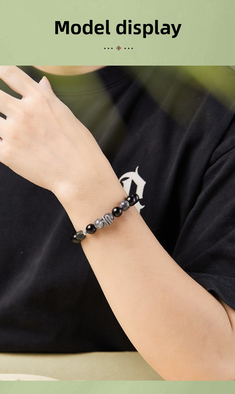 S925 Sterling Silver Black Obsidian & Tourmalinated Quartz Snake Year Bracelet | Yin Yang Protection Jewelry | Zen Buddhist Style Gift for Him