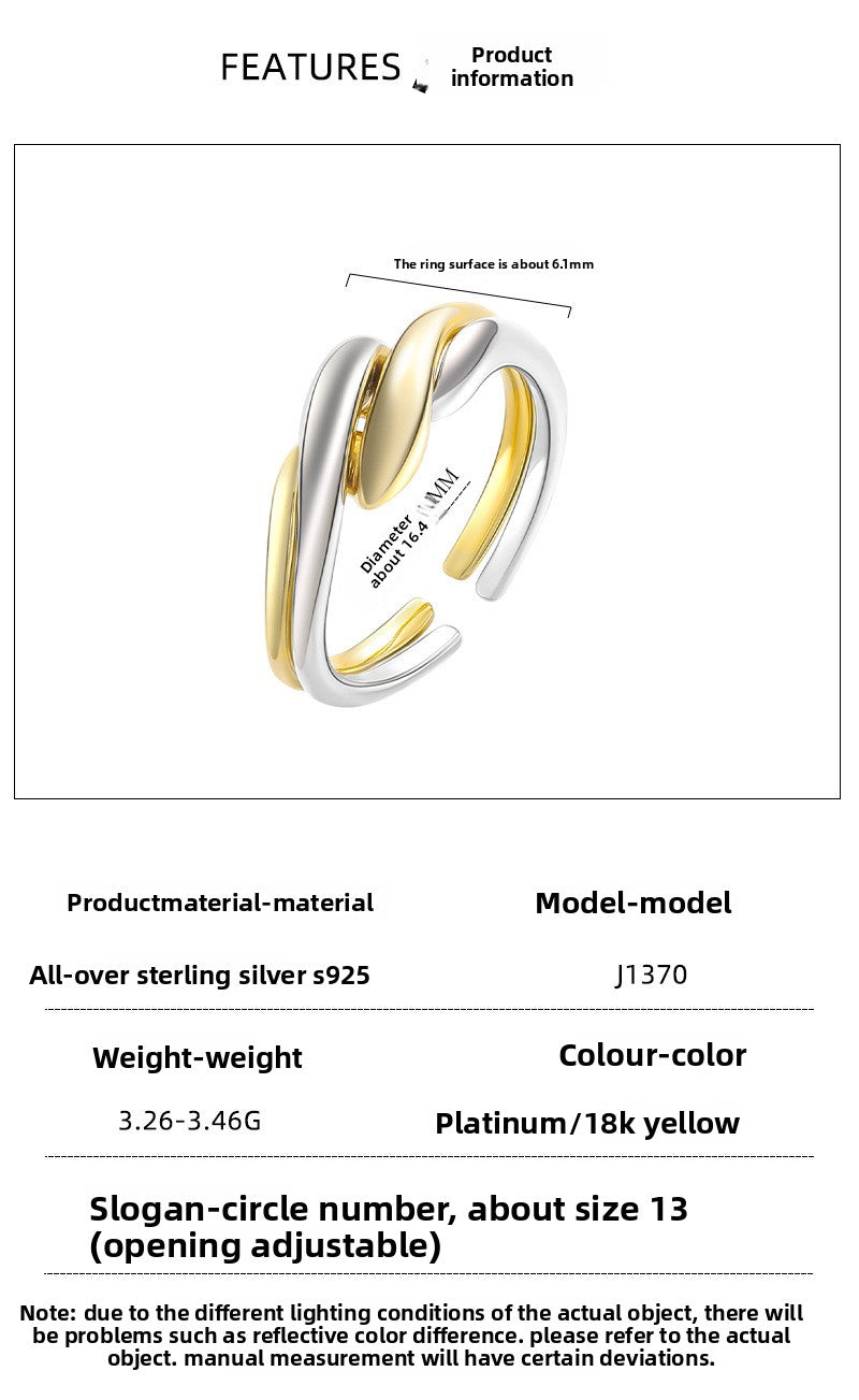 Double Ring S925 Silver Ring Plain Band Water Ripple Adjustable Ring Ins Style Simple Stacking Jewelry