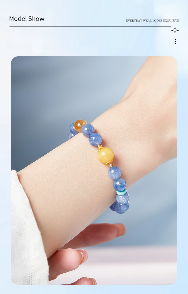 925 Sterling Silver Blue Apatite & Yellow Fluorite Beaded Bracelet for Women | Boho Chic Gemstone Jewelry