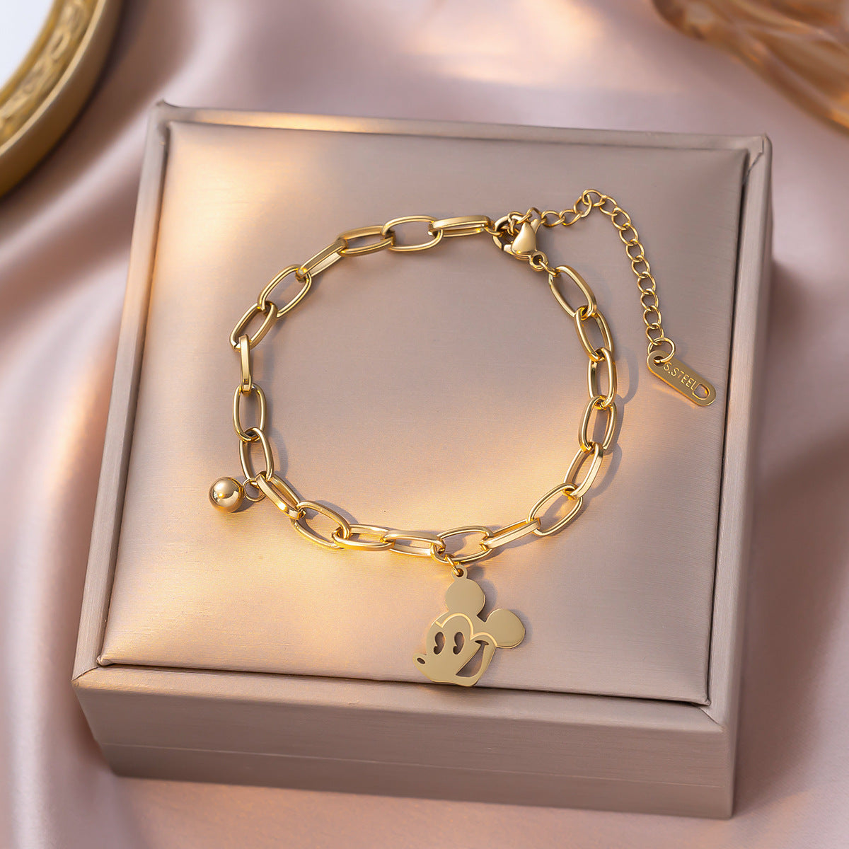 Disney-Inspired Mickey Mouse Pendant Bracelet - Gold Beaded Titanium Steel Chain, Dainty Adjustable Jewelry