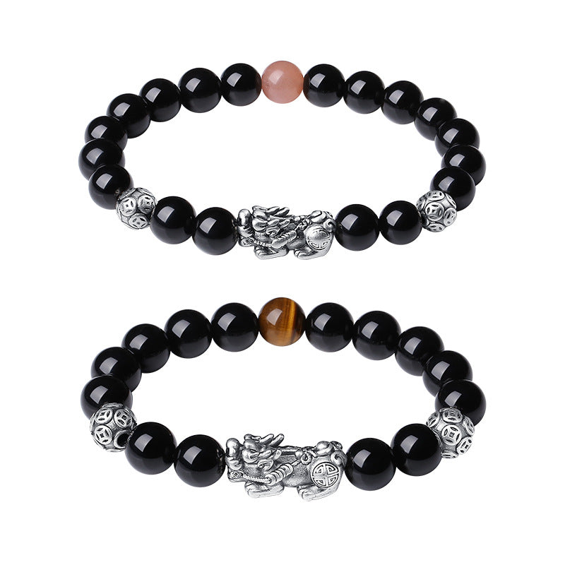 Pure Silver999Vintage Men's Accessories3D Hard Pixiu Bracelet Obsidian Bead Bracelet for Women520Valentine's Day gift for girlfriend