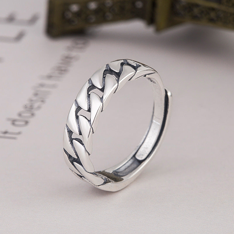 S925 Sterling Silver Korean Style Crossover Ring - Minimalist Lock Chain Square Band | Adjustable Open Stackable Ring for Women