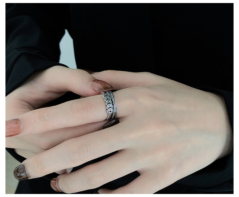 S925 Sterling Silver Ring Copper Coin Pattern Ring Vintage Oxidized Ethnic Style Multi-layer Wrapped