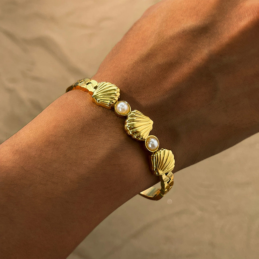 Boho Pearl Shell Bracelet for Women - Vintage Stainless Steel Cuff, Minimalist Instagram Jewelry, Unique Dainty Hand Chain