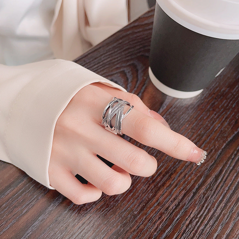 S925 Sterling Silver Ring Classic Feather Line Cross Trendy Adjustable