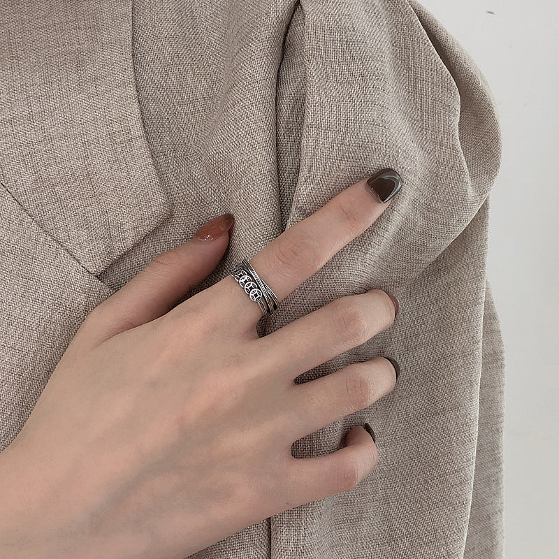 S925 Sterling Silver Ring Copper Coin Pattern Ring Vintage Oxidized Ethnic Style Multi-layer Wrapped