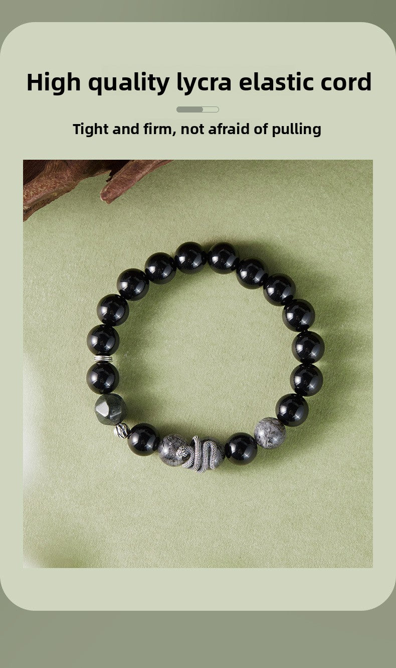 S925 Sterling Silver Black Obsidian & Tourmalinated Quartz Snake Year Bracelet | Yin Yang Protection Jewelry | Zen Buddhist Style Gift for Him