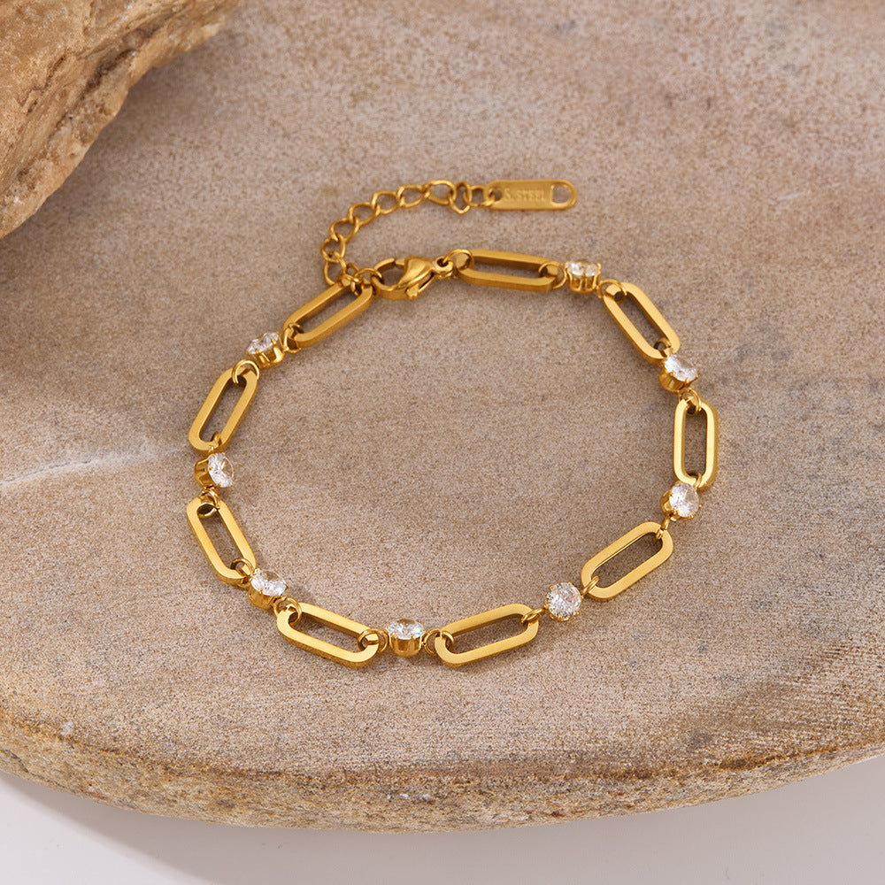 Geometric Titanium Steel Bracelet for Women - Trendy Zirconia Minimalist Jewelry | Stainless Steel Dainty Hand Chain