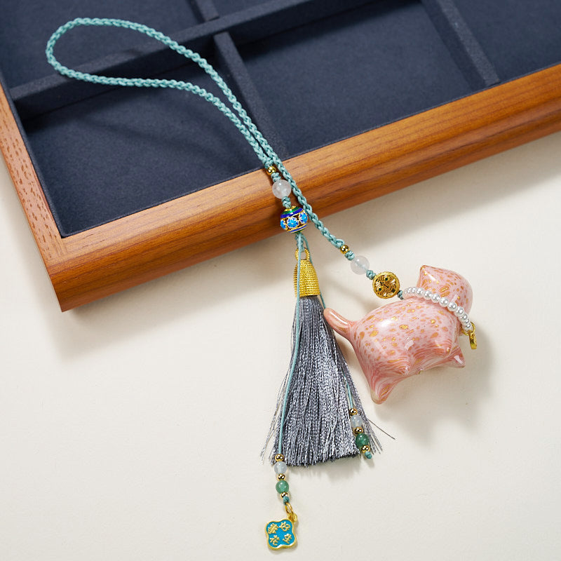 Authentic Temple Fortune Cat Pendant - Handmade Chinese Lacquer Money Charm for Purse/Car/Keys
