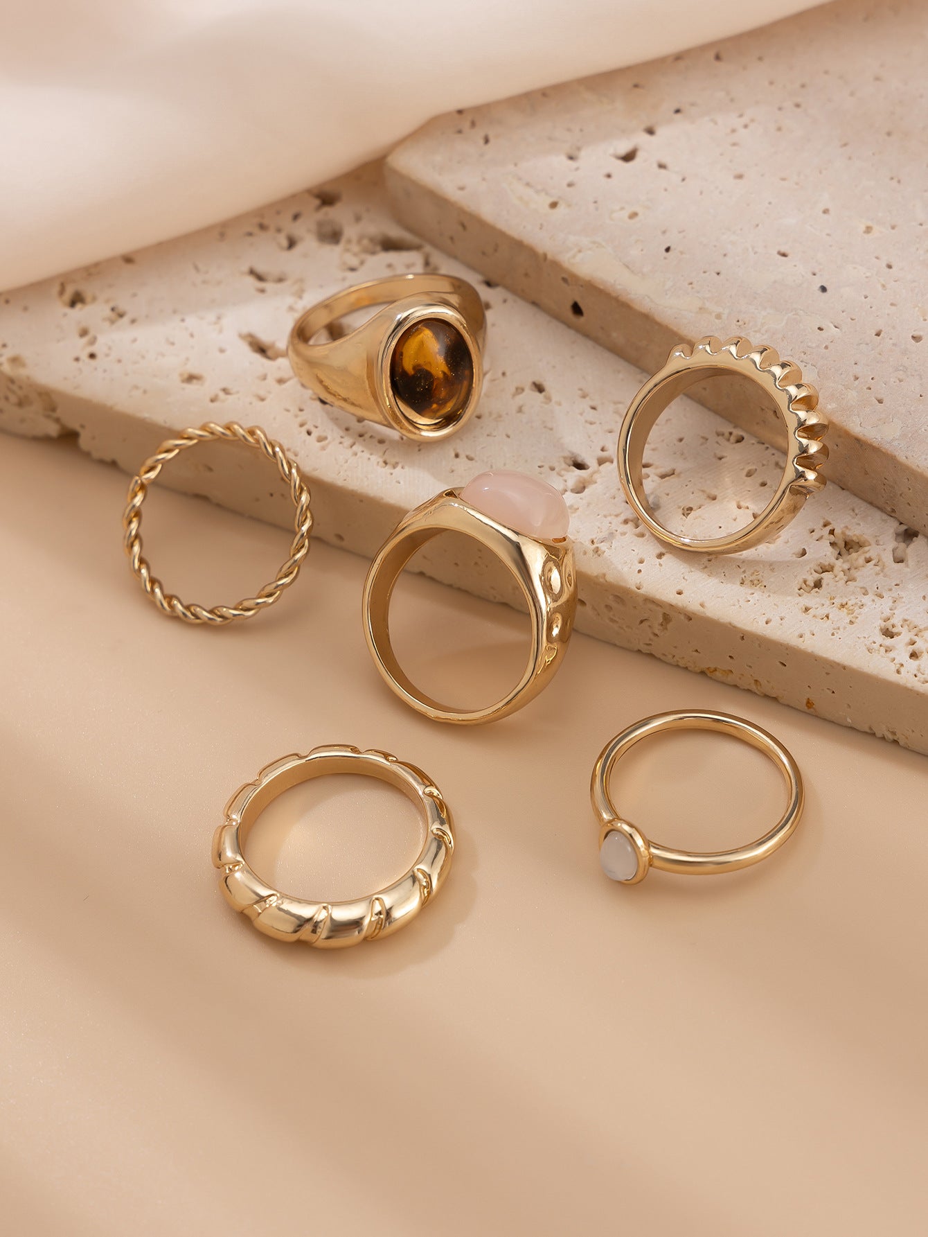 Minimalist Gemstone Rings Set - Irregular Stackable Rings for Women | Edgy Metallic Jewelry | Indie Fashion Accessory