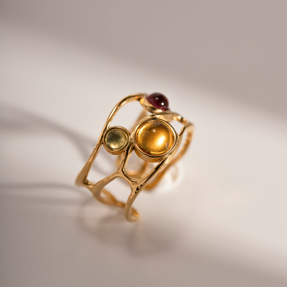Baroque Open Band with Colorful Gemstones, Palace Style Titanium Steel Ring