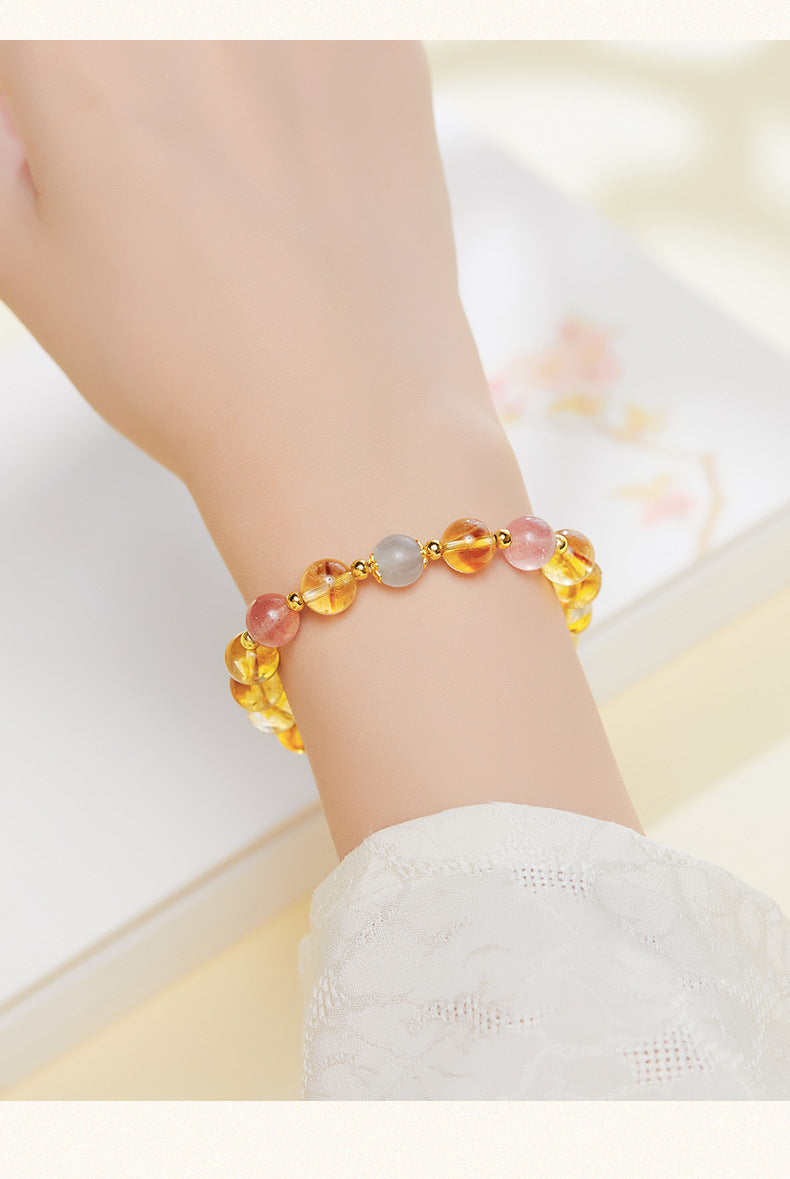 925 Sterling Silver Citrine & Strawberry Quartz Beaded Bracelet for Women | Boho Chic Gemstone Jewelry | Unique Gift for Her