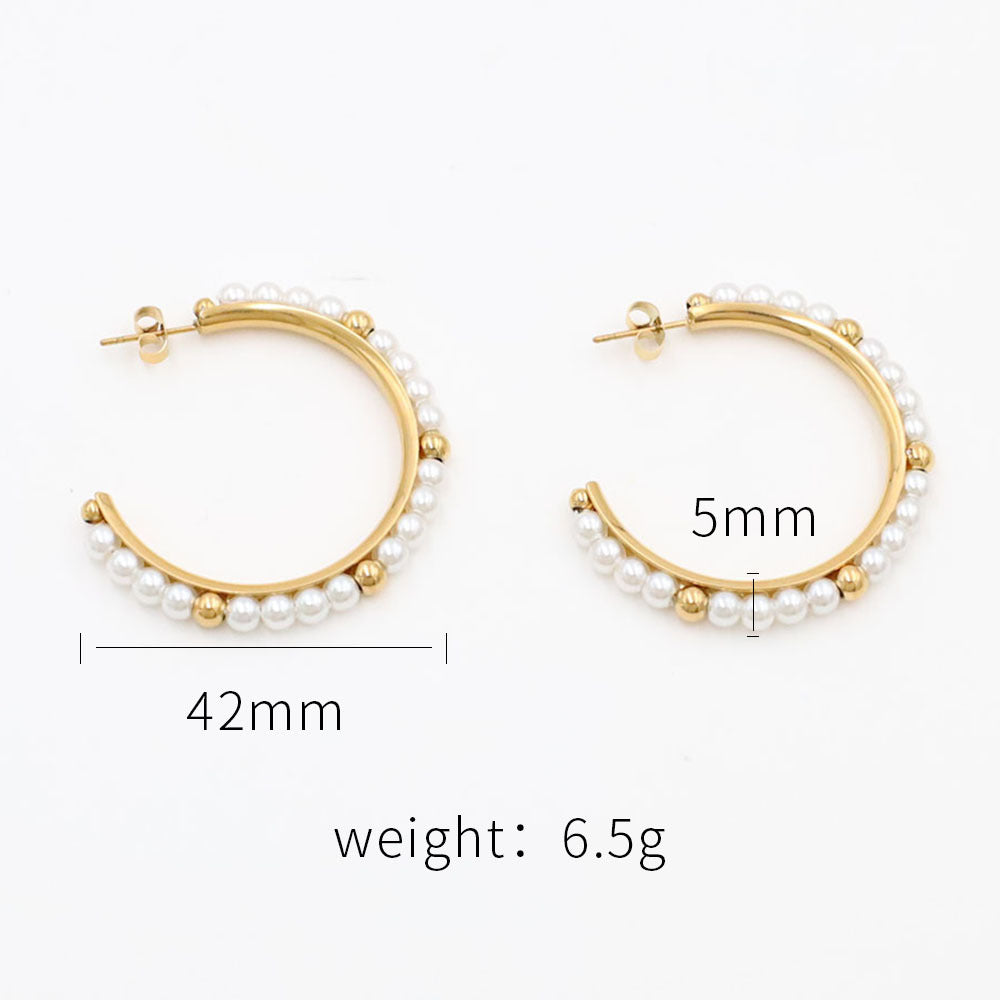 French Luxury Pearl Hoop Earrings - 18K Gold Plated Titanium Steel C-Shape Earrings