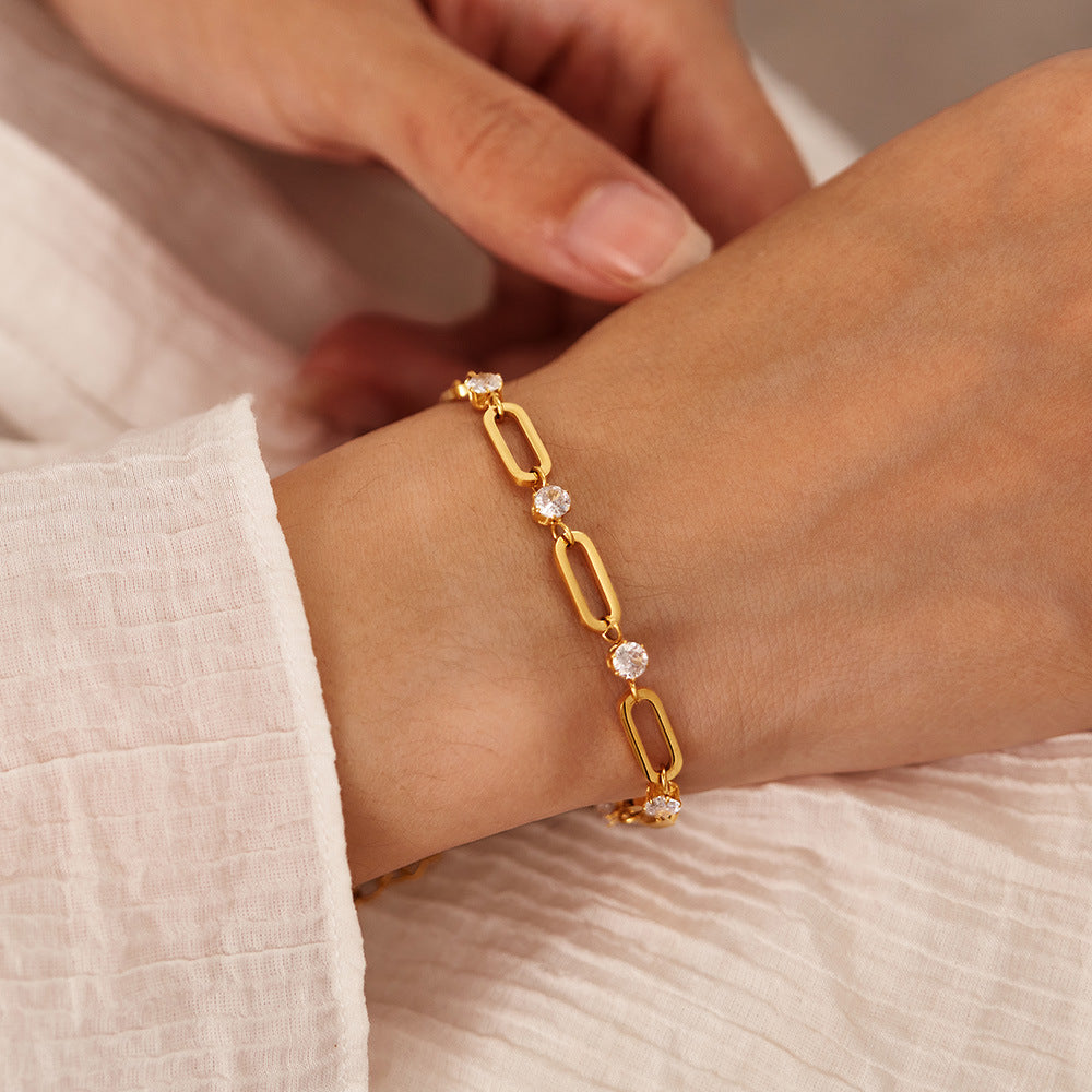 Geometric Titanium Steel Bracelet for Women - Trendy Zirconia Minimalist Jewelry | Stainless Steel Dainty Hand Chain