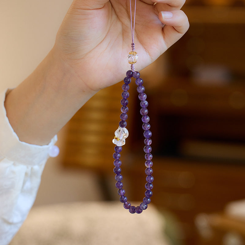 Natural Amethyst Phone Lanyard with Bear Charm – Short Keychain