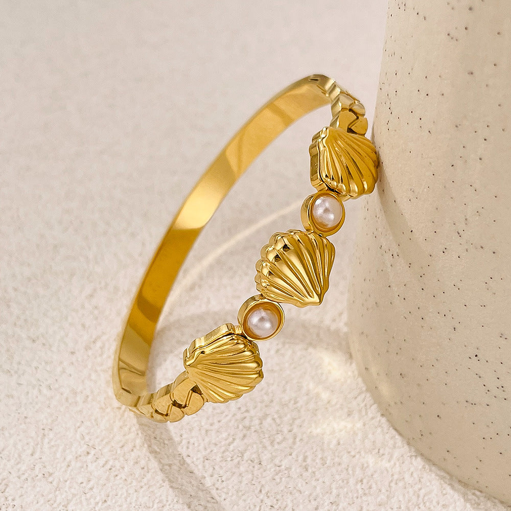 Boho Pearl Shell Bracelet for Women - Vintage Stainless Steel Cuff, Minimalist Instagram Jewelry, Unique Dainty Hand Chain
