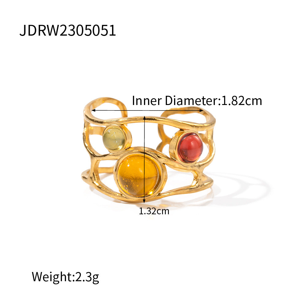Baroque Open Band with Colorful Gemstones, Palace Style Titanium Steel Ring