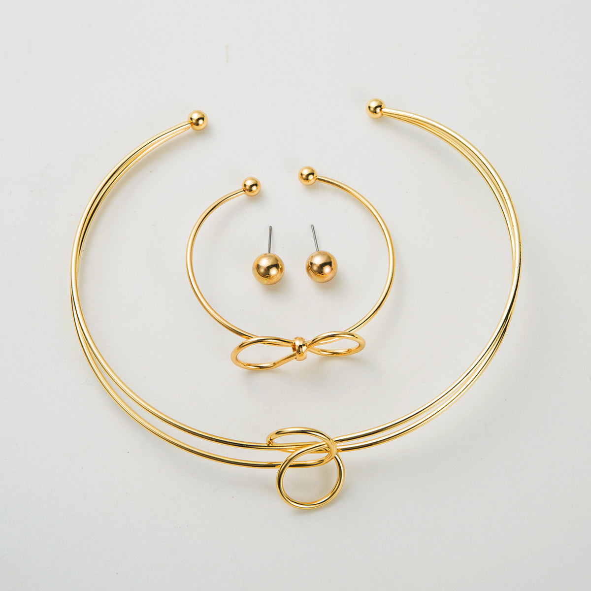 Minimalist Knotted Metal Jewelry Set - High Polish Earrings, Cuff & Choker | Contemporary Dainty Stackables