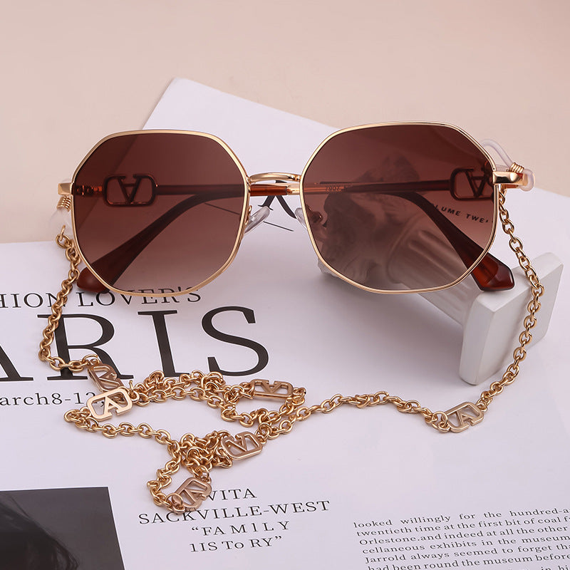 Trendy Internet Celebrity Style Anti-Drop Chain Strap Irregular Polygonal Full Frame Sunglasses