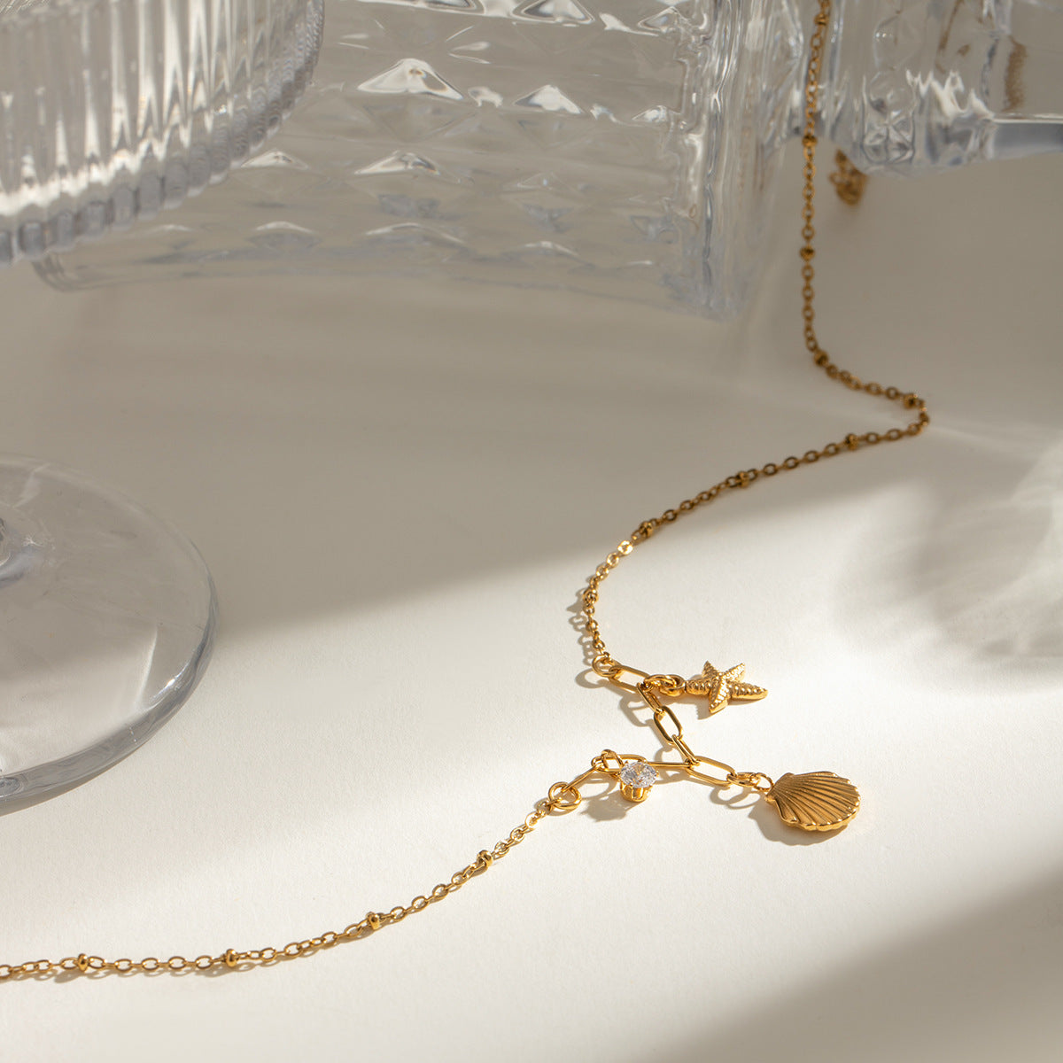 Dainty Stainless Steel Necklace with Starfish Zircon Pendant