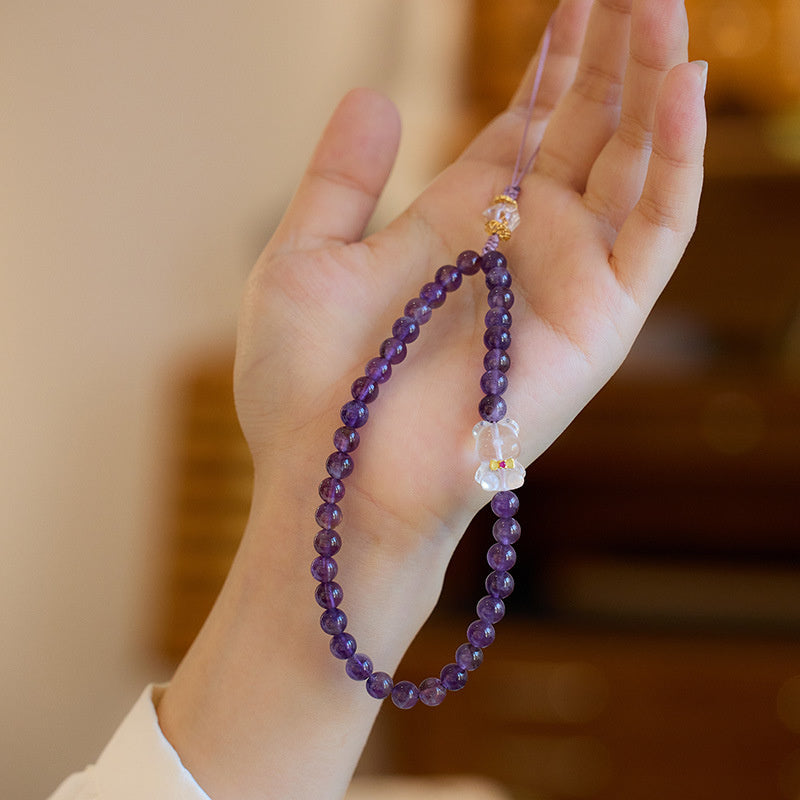 Natural Amethyst Phone Lanyard with Bear Charm – Short Keychain