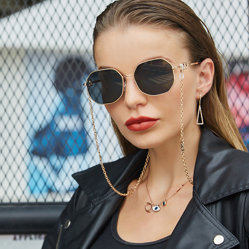 Trendy Internet Celebrity Style Anti-Drop Chain Strap Irregular Polygonal Full Frame Sunglasses