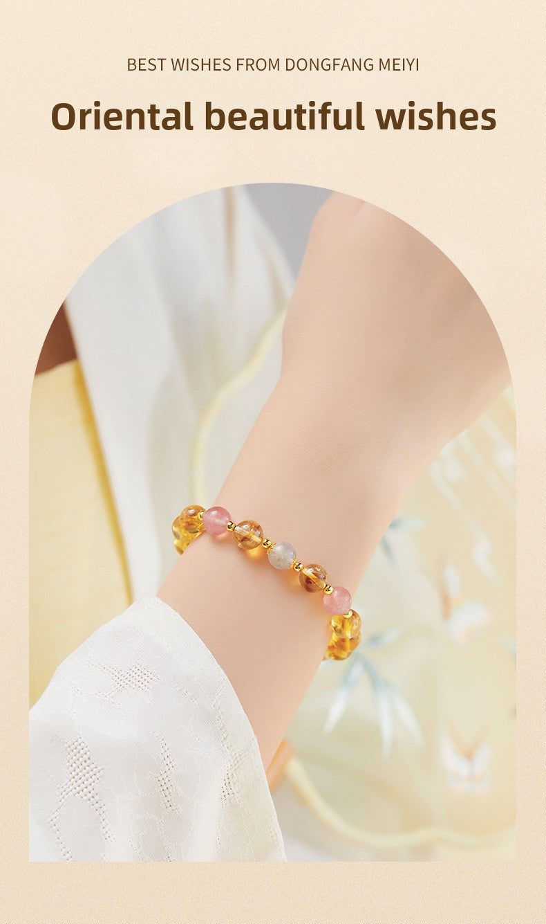 925 Sterling Silver Citrine & Strawberry Quartz Beaded Bracelet for Women | Boho Chic Gemstone Jewelry | Unique Gift for Her