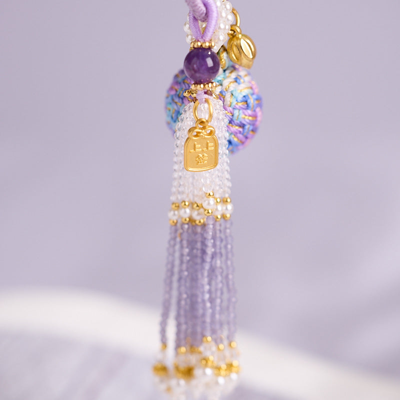 'Make It Happen' Purple Crystal Wish Fulfilling Bag Charm - Temple Style Rope Spiritual Pendant