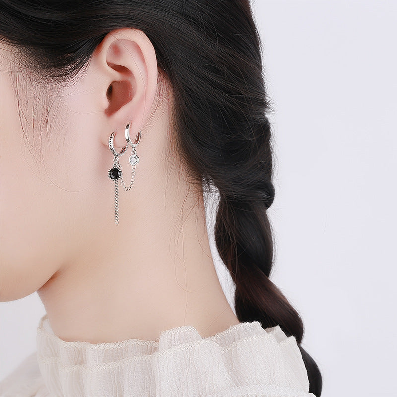 S925 Sterling Silver Black Zirconia Drop Earrings – Y2K Hoop Earrings with Double Leverback & Tassel Design | Viral TikTok Jewelry