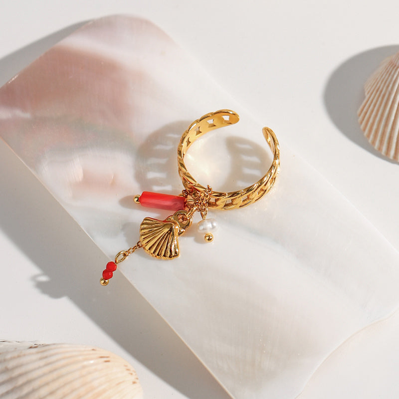 Boho Shell & Crystal Pendant with Twist Titanium Ring