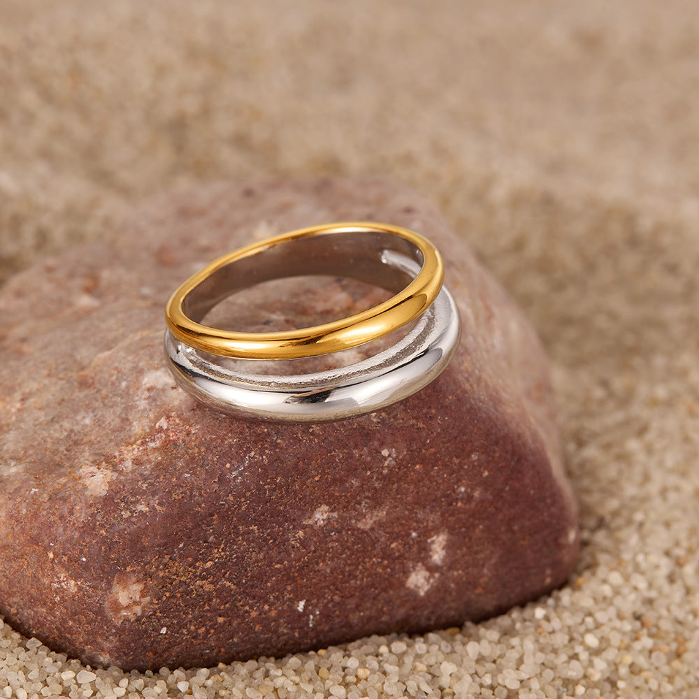 French Style Two-Tone Titanium Steel Ring - Minimalist Unisex Jewelry | Trendy Stackable Band