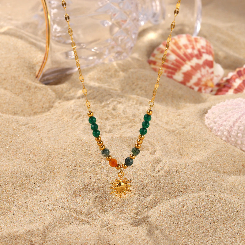 Boho Sun Pendant Stainless Steel Necklace with Natural Stone Vintage French Inspired Jewelry