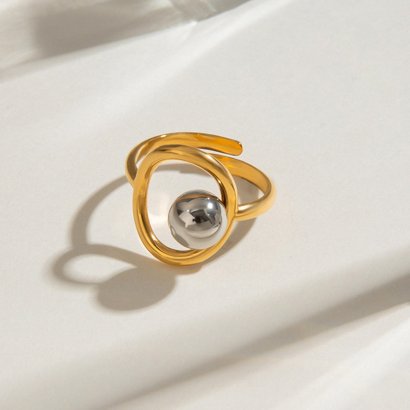 Modern Two-Tone Beaded Ring - Adjustable Open Band Titanium Steel Ring