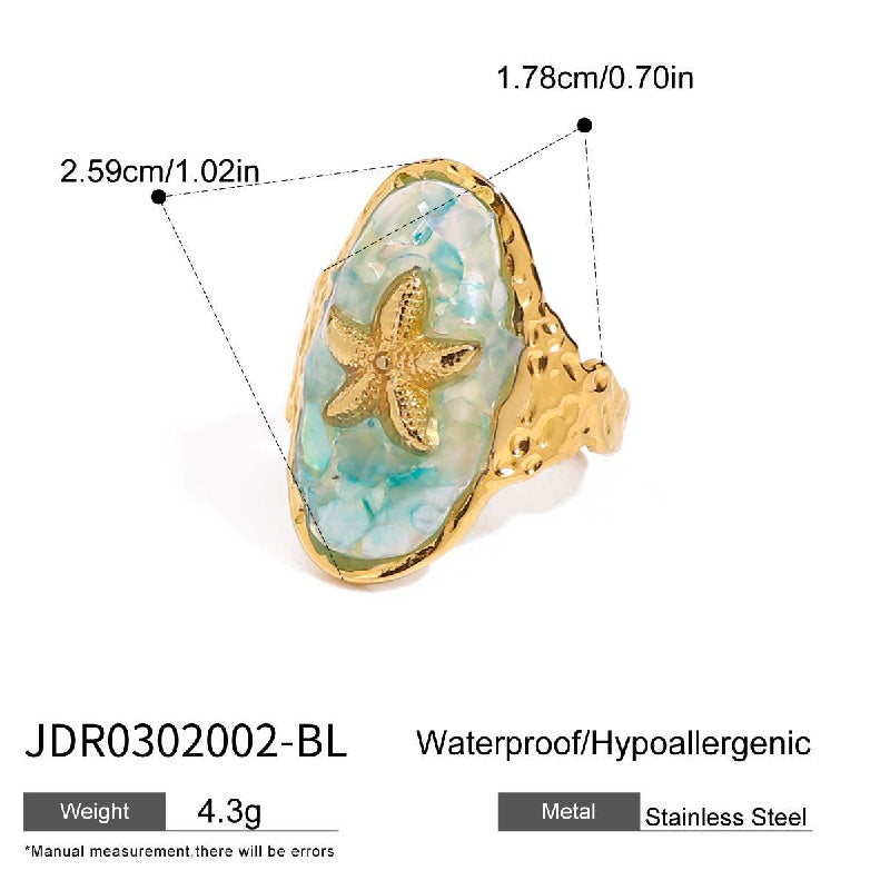 Adjustable Stainless Steel Jewelry Blue Resin Starfish Boho Ring for Summer Beach Vacation