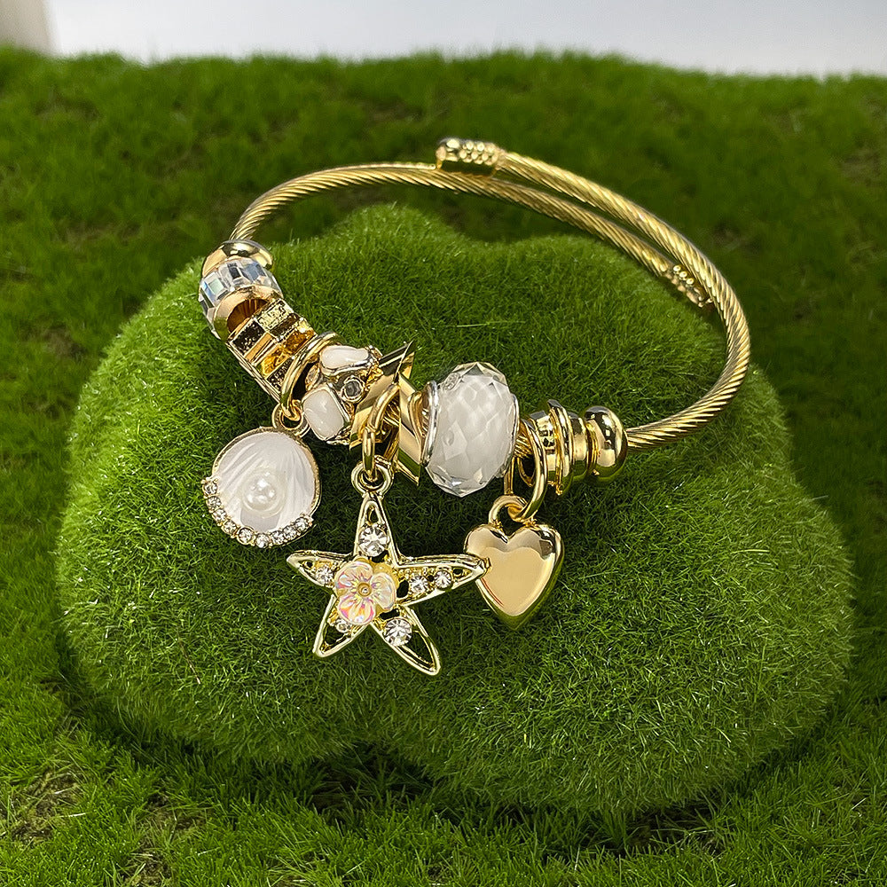 Adjustable Star & Heart Bracelet for Women - Trendy Stainless Steel Alloy Cuff | Versatile Dainty Hand Jewelry
