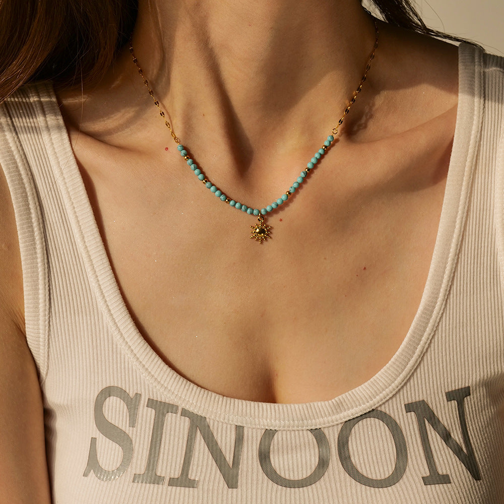 Sun Pendant Necklace for Women Turquoise Gemstone Titanium Steel Chain