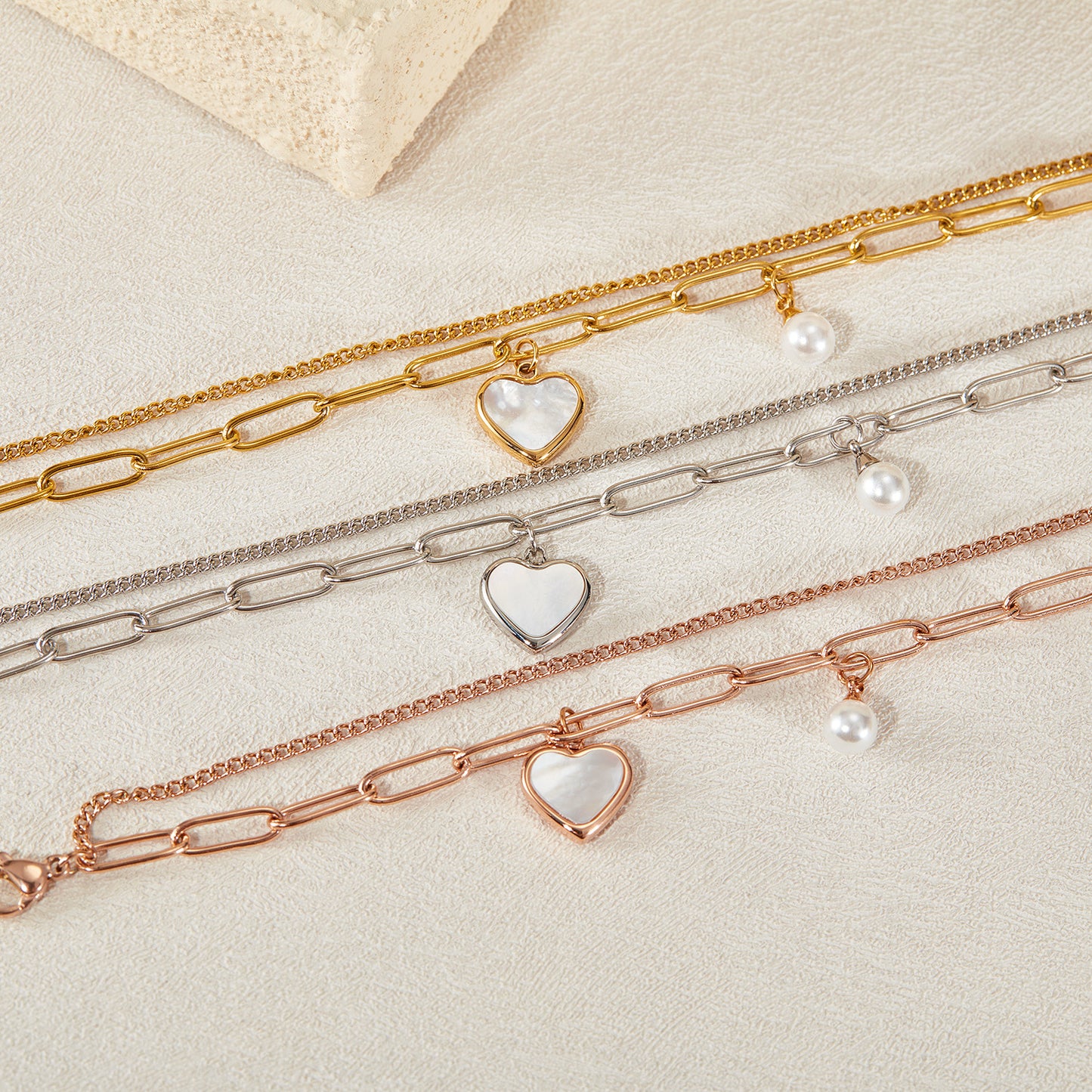 Luxury Double Layer Titanium Steel Pearl Bracelet for Women - Fashion Adjustable Heart Pendant Dainty Hand Jewelry