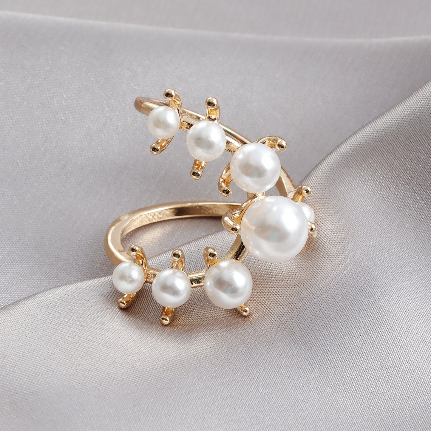 French Style Adjustable Pearl Joint Ring - Dainty Minimalist Openable Ring for Women | Luxury Gold Pearl Jewelry