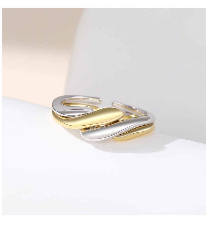 Double Ring S925 Silver Ring Plain Band Water Ripple Adjustable Ring Ins Style Simple Stacking Jewelry