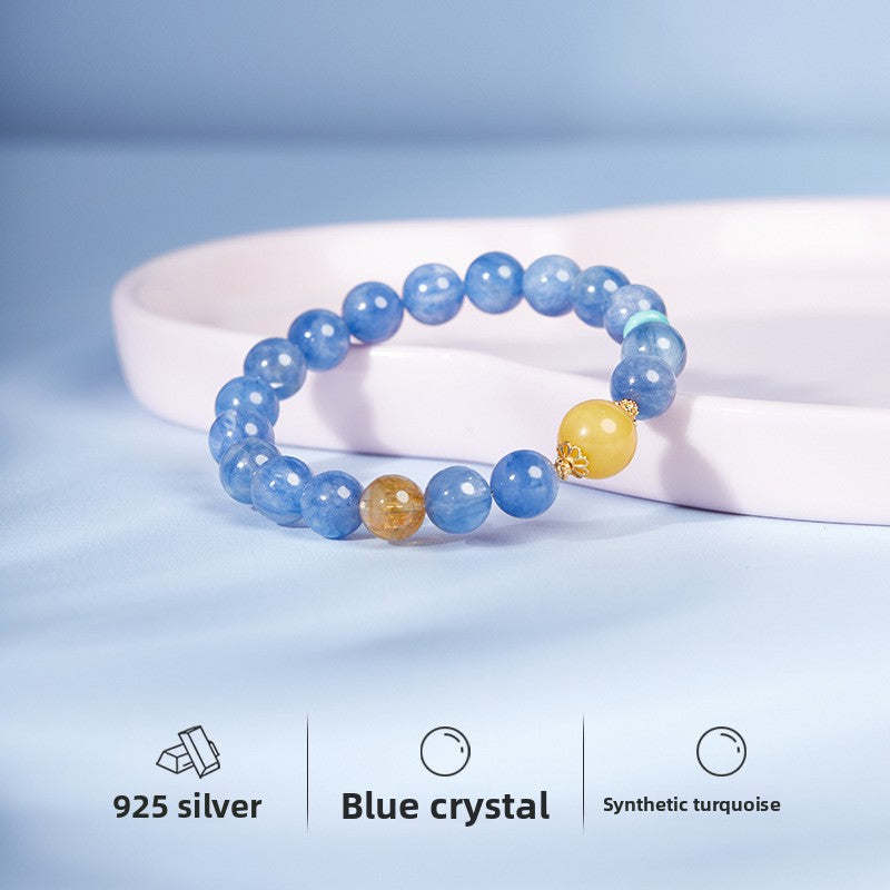 925 Sterling Silver Blue Apatite & Yellow Fluorite Beaded Bracelet for Women | Boho Chic Gemstone Jewelry