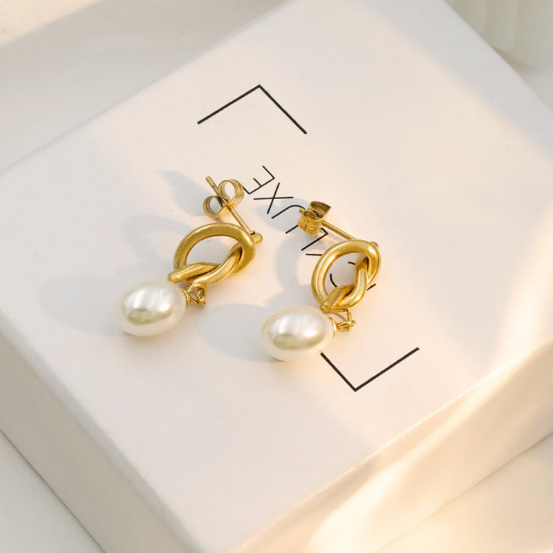 Titanium Steel Chanel Inspired Pearl Pendant Hoops Minimalist Studs for Women