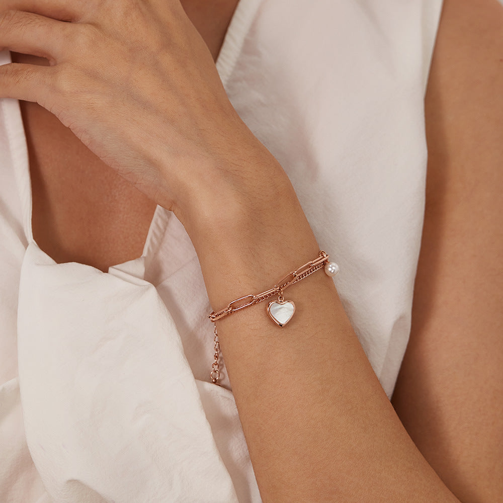 Luxury Double Layer Titanium Steel Pearl Bracelet for Women - Fashion Adjustable Heart Pendant Dainty Hand Jewelry