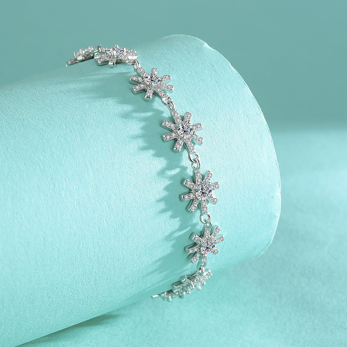 S925 Sterling Silver Bracelet with Sparkling Moissanite Cross and Snowflake Design